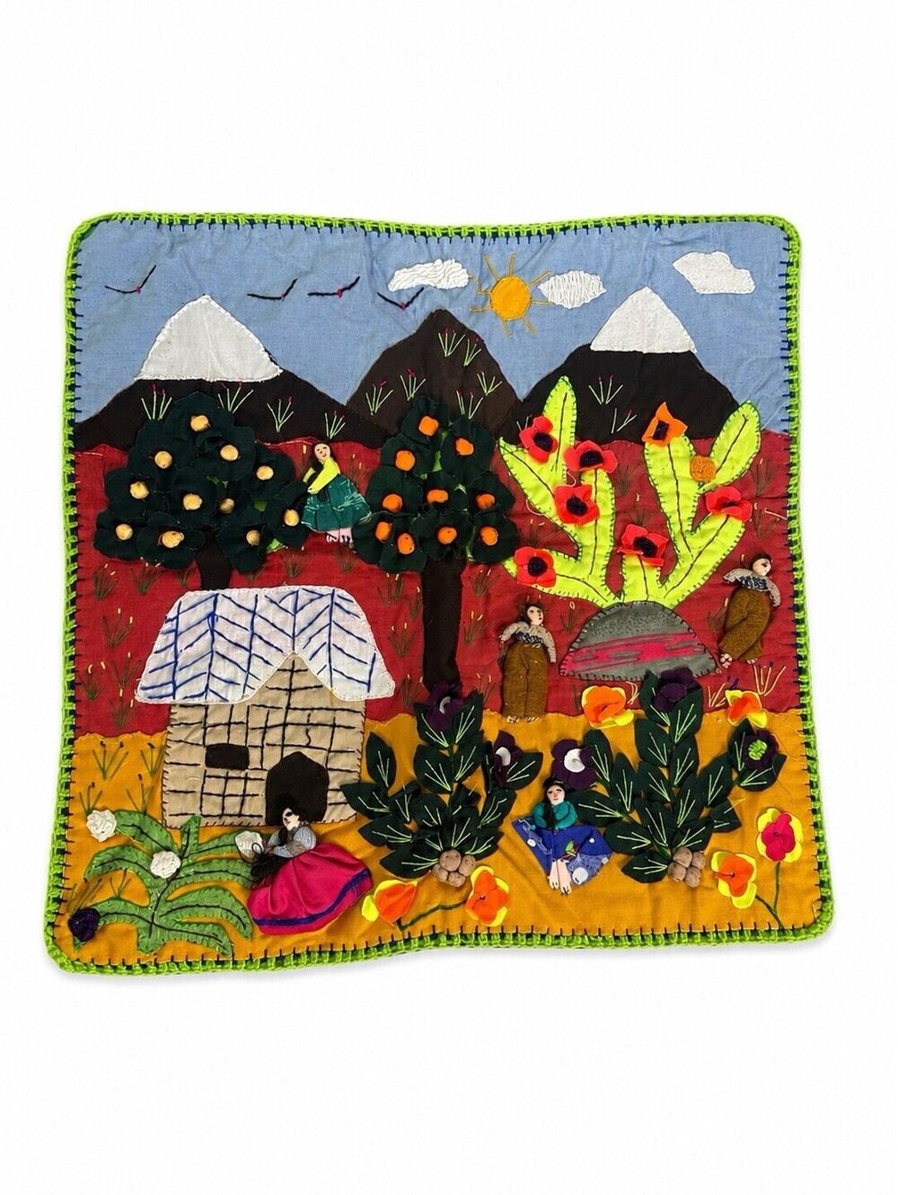Vintage Handmade Peruvian Arpillera Folk Art 3D Applique Tapestry Wall Hanging